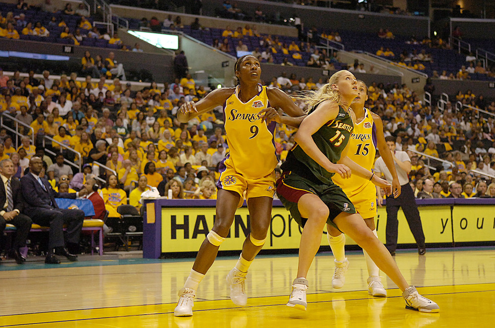 Aug 20 2006; Los Angeles California USA;
Lisa leslie of the Los Angeles Sparks and Lauren Jackson during the 78-70 Los Angeles Sparks victory over the Seattle Storm during  the WNBA Western Conference Semi Finals at the Staples Center Downtown Los Angeles California.