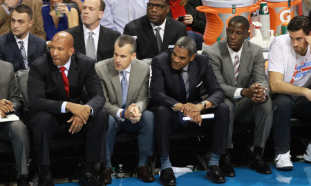 01 November 2015: Oklahoma City Thunder coaching stff looks on (from L to R: Monty Williams, Billy Donovan, Maurice Cheeks, Anthony Grant) during the Oklahoma City Thunders game against the Denver Nuggets at the Chesapeake Energy Arena in Oklahoma City, OK. (Photo by
JP Wilson/Icon Sportswire)
